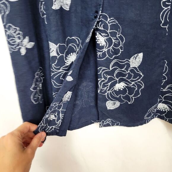 Vintage White Stag Navy Floral Linen Blend Button Up Sleeveless Shirt Dress - Picture 4 of 6